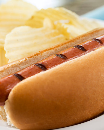 Grilled hot dog in a bun with a side of potato chips